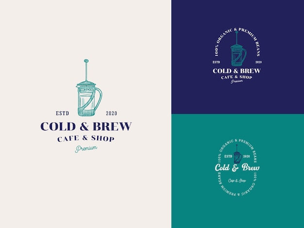 Modèle de logo Cold Brew Coffee Hand Draw avec typographie vintage premium