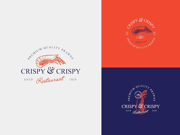Vecteur modèle de logo de dessin à la main de crevettes et de fruits de mer avec typographie vintage premium