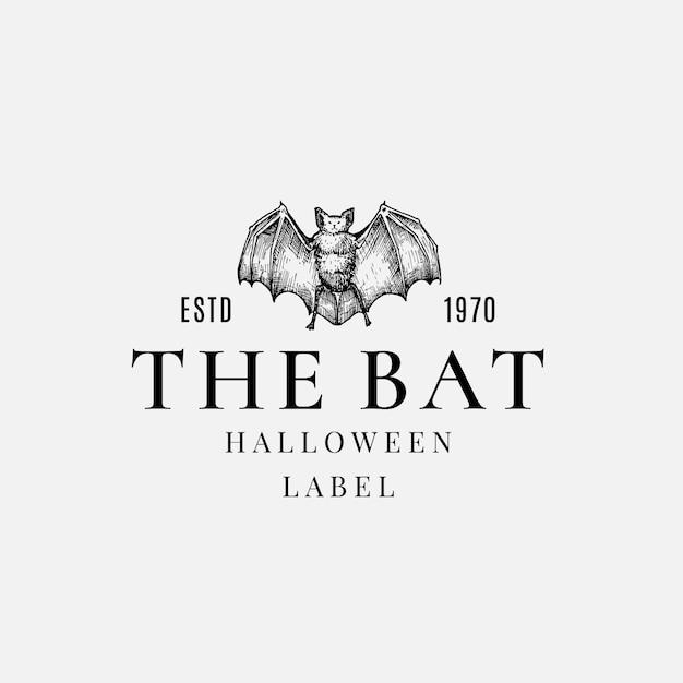 Modèle de logo ou d'étiquette Halloween de qualité supérieure. Symbole de croquis de chauve-souris mal dessiné à la main et typographie rétro.