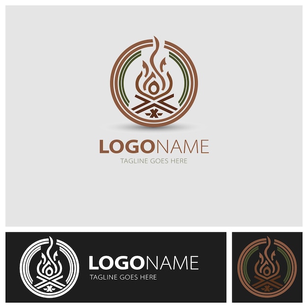 Modèle De Logo De Feu De Joie Avec Simple Concept Minimaliste De Bois Et De Feu Pour Le Camping En Plein Air D'affaires