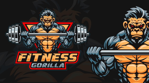 Modèle de logo de fitness ou de gym de gorille gorille soulevant des haltères illustration personnage de mascotte de gorille