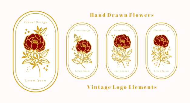 Modèle De Logo De Fleur Rose Botanique Vintage Dessiné à La Main Et Collection D'éléments De Marque De Beauté Féminine