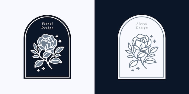Modèle De Logo De Fleur Rose Botanique Vintage Dessiné à La Main Et Ensemble D'éléments De Marque De Beauté Féminine