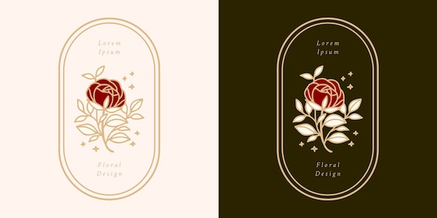 Modèle De Logo De Fleur Rose Botanique Vintage Dessiné à La Main Et Ensemble D'éléments De Marque De Beauté Féminine