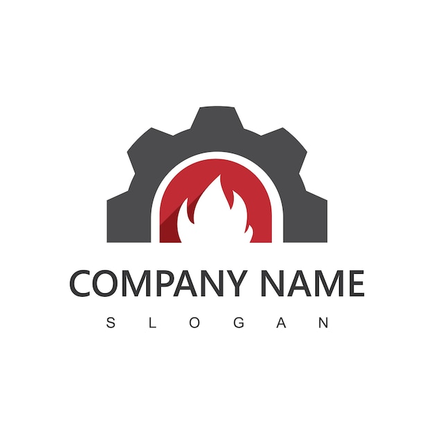 Modèle de logo d'ingénierie Élément d'engrenage et de flamme pour une entreprise industrielle