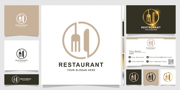 Vecteur modèle de logo de ligne de couteau et de fourchette ou de restaurant avec conception de carte de visite