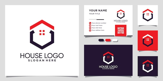 Modèle De Logo De Maison Avec Un Concept D'hexagone Unique Et Une Conception De Carte De Visite Vecteur Premium