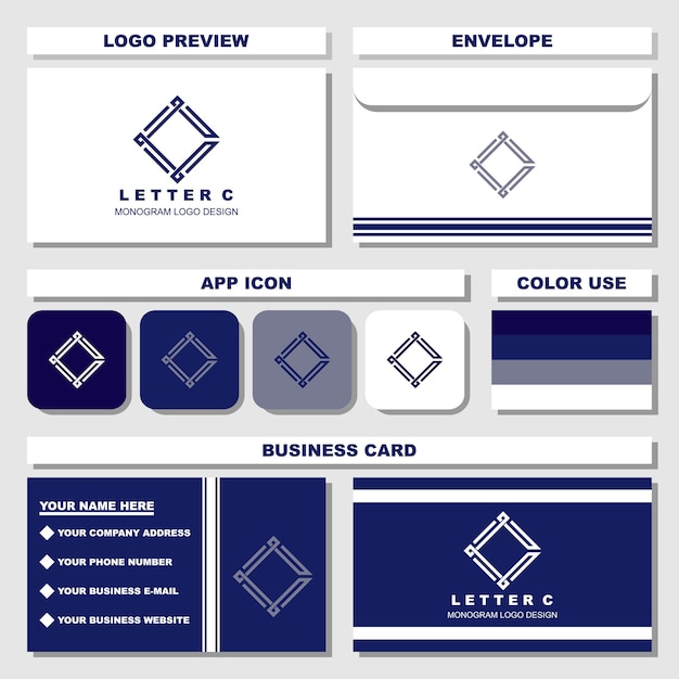 Vecteur modèle de logo monogramme créatif lettre c avec des idées de cartes de visite et d'enveloppes