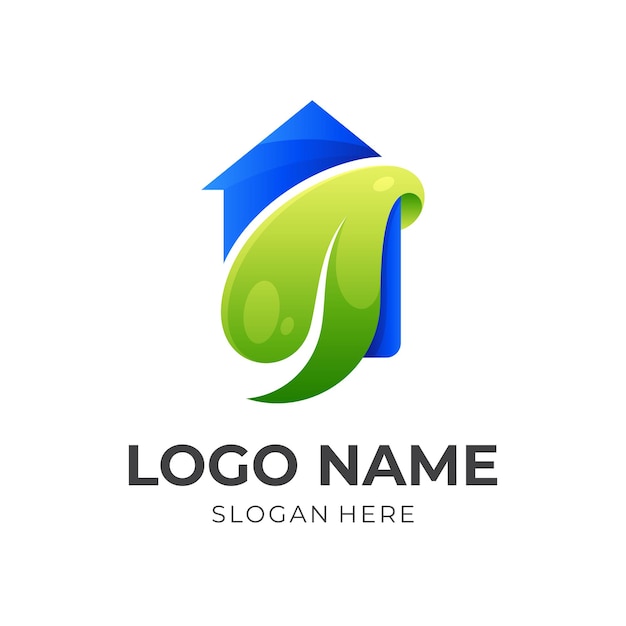 Modèle De Logo Nature Maison, Maison Et Feuille, Logo Combiné Avec Style De Couleur Vert Et Bleu 3d