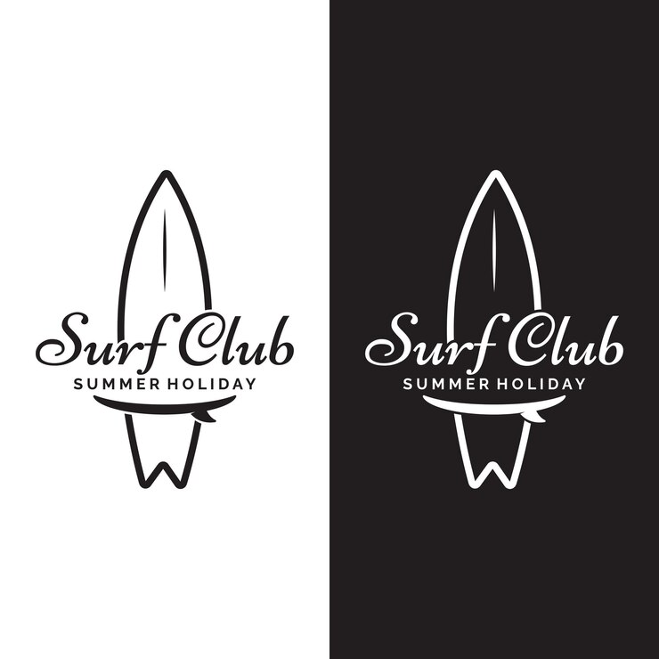 Modèle de logo de planche de surf vintagesurfer sur une plage d'étéPour les affairesbadgeétiquette de vacancesemblème