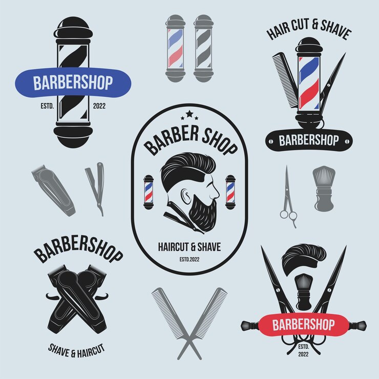 Modèle de logo de salon de coiffure avec peigne et silhouette de tondeuse à ciseaux