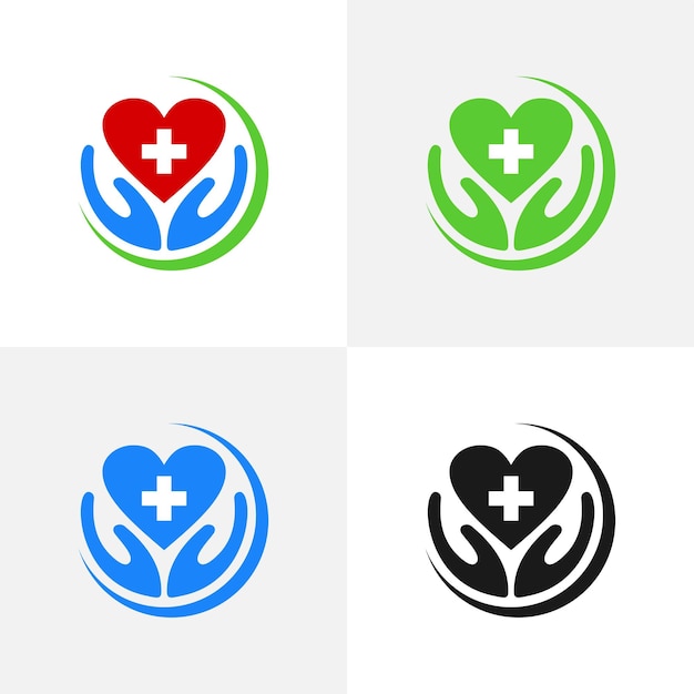 Modèle de logo de soins cardiaques médicaux avec feuilles et mains