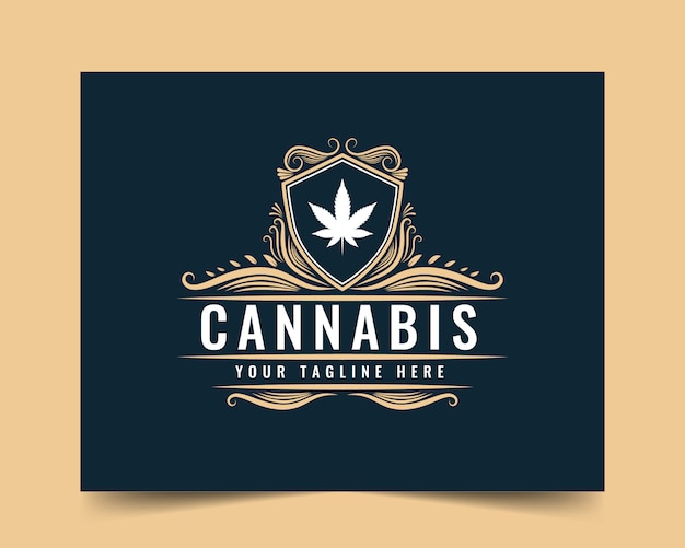 Modèle De Logo De Style De Luxe Vintage Cannabis Dessiné à La Main Avec Une Couleur De Style Doré Pour L'entreprise