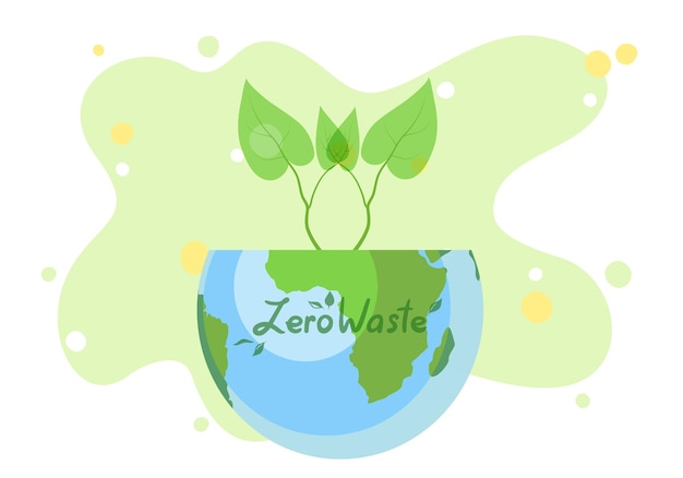 Modèle De Logo Zéro Déchet Vecteur Planète Terre En Couleur Verte Et Bleue Avec Des Pousses Avec Des Feuilles