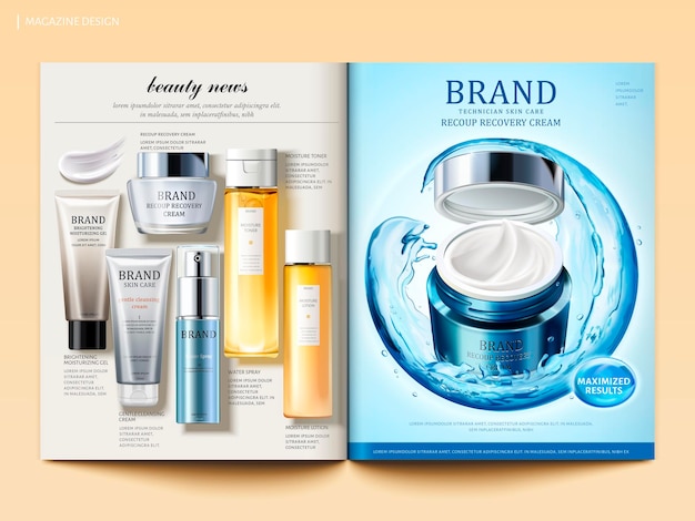 Vecteur modèle de magazine cosmétique, produit de crème hydratante avec sphère composée d'eau qui coule et vue de dessus des produits de soin de la peau en illustration 3d