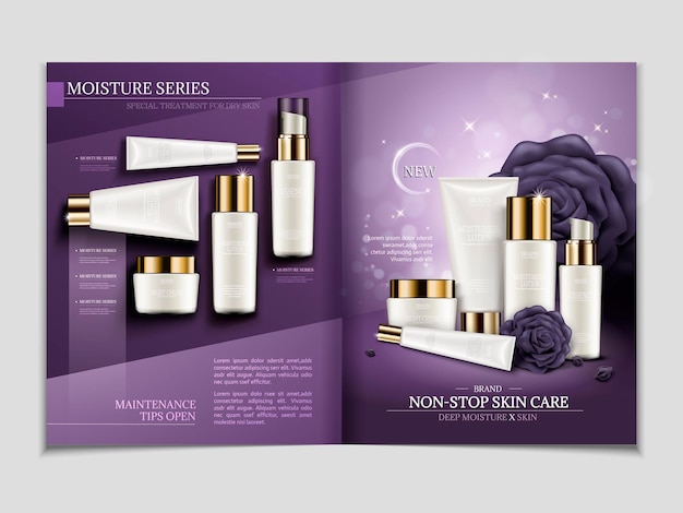 Modèle De Magazine De Soins De La Peau, Ensemble De Cosmétiques Série Humidité En Illustration 3d, Conception De Ton Violet Avec Récipient Blanc