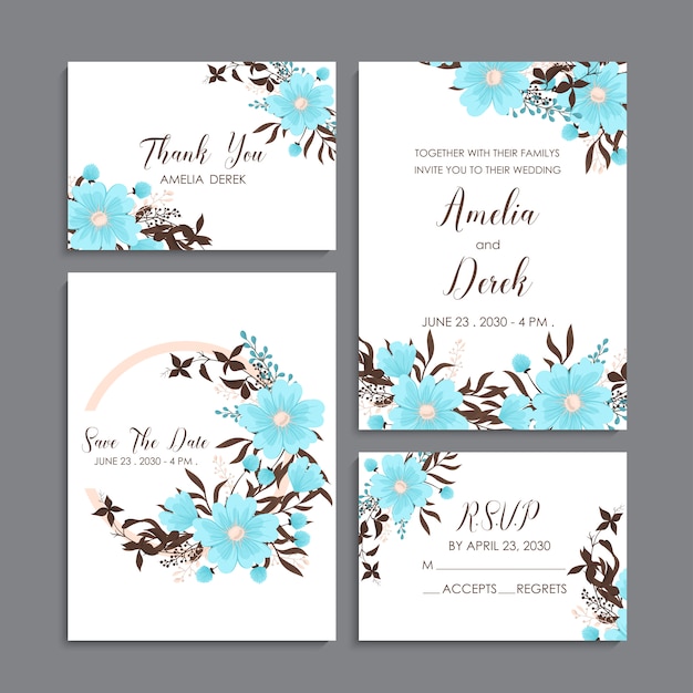 Modèle De Mariage Floral - Cartes Florales Bleu Clair