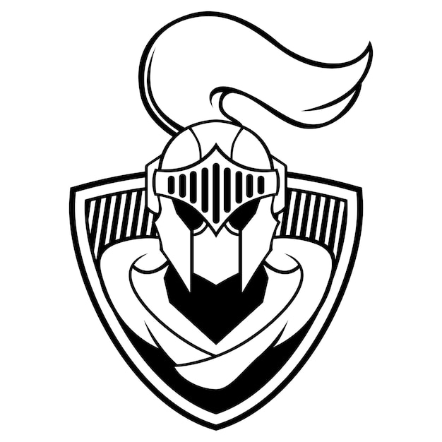 Modèle De Mascotte De Conception De Logo Noir Et Blanc De Vecteur De Guerrier De Bouclier De Chevalier