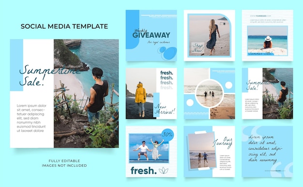 Modèle de médias sociaux bannière blog promotion de vente de mode entièrement modifiable instagram et facebook carré post cadre puzzle affiche de vente organique frais bleu élément forme vecteur fond