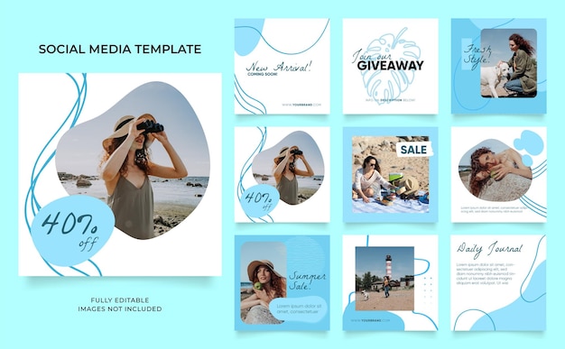 Modèle de médias sociaux bannière blog promotion de vente de mode entièrement modifiable instagram et facebook carré post cadre puzzle affiche de vente organique frais bleu élément forme vecteur fond