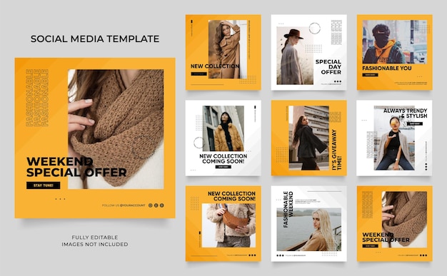 modèle de médias sociaux bannière blog promotion de vente de mode entièrement modifiable instagram et facebook poste carré cadre puzzle affiche de vente organique élément jaune frais arrière-plan vectoriel de forme