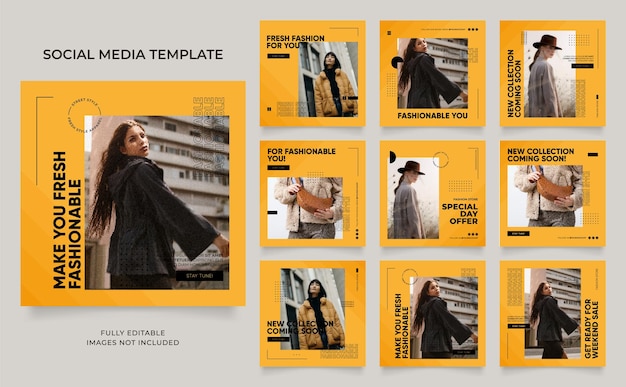 modèle de médias sociaux bannière blog promotion de vente de mode entièrement modifiable instagram et facebook poste carré cadre puzzle affiche de vente organique élément jaune frais arrière-plan vectoriel de forme