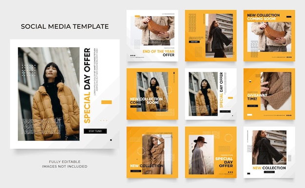 modèle de médias sociaux bannière blog promotion de vente de mode entièrement modifiable instagram et facebook poste carré cadre puzzle affiche de vente organique élément jaune frais arrière-plan vectoriel de forme