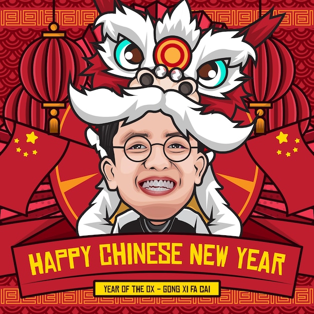 Modèle de médias sociaux joyeux nouvel an chinois avec personnage de dessin animé mignon d'un homme portant un costume de danse du lion