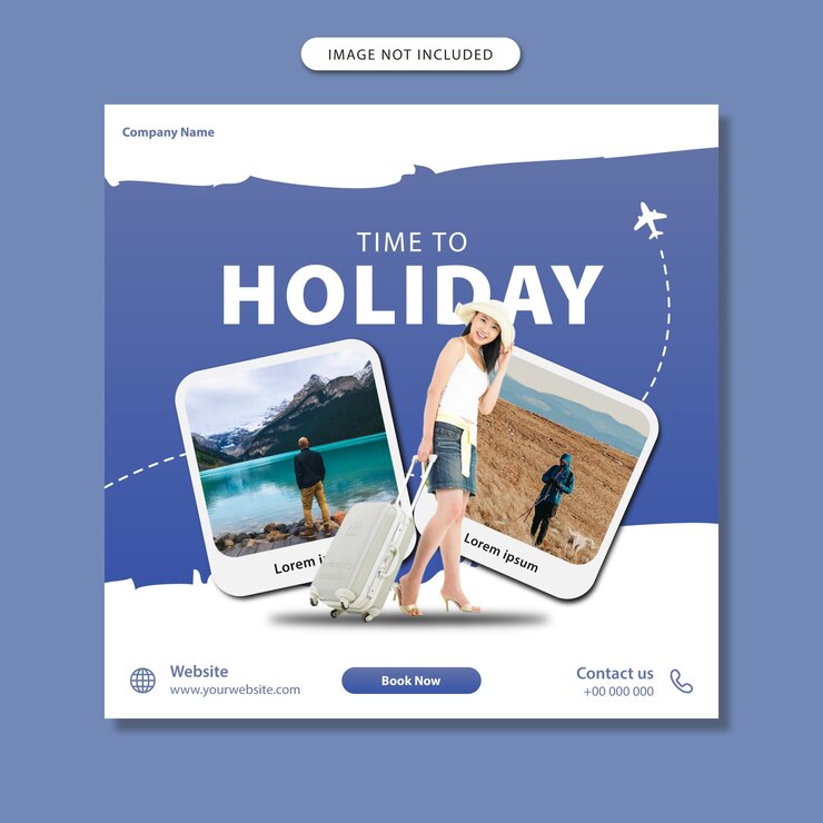 Vecteur modèle de médias sociaux pour les voyages et le tourisme avec cadre photo
