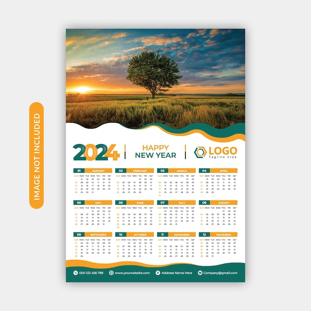 Vecteur modèle mensuel de calendrier vectoriel d'une page pour l'année 2024