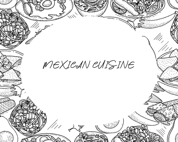 Modèle de menu alimentaire vectoriel Cuisine latino-américaine Croquis noir et blanc dessinés à la main de la cuisine mexicaine