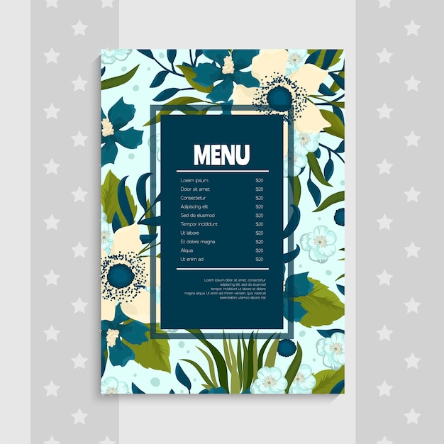 Modèle De Menu Avec Bordure Florale Bleue