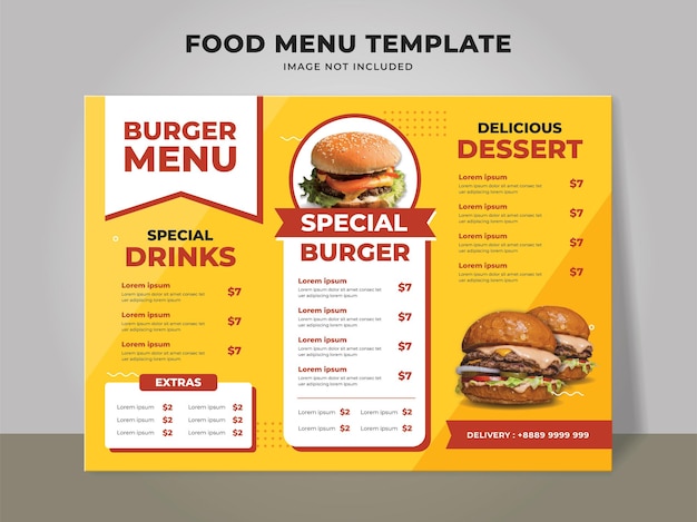 Vecteur modèle de menu burger pour restaurant de restauration rapide et café