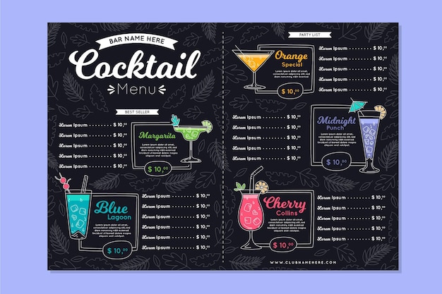 Vecteur modèle de menu de cocktail