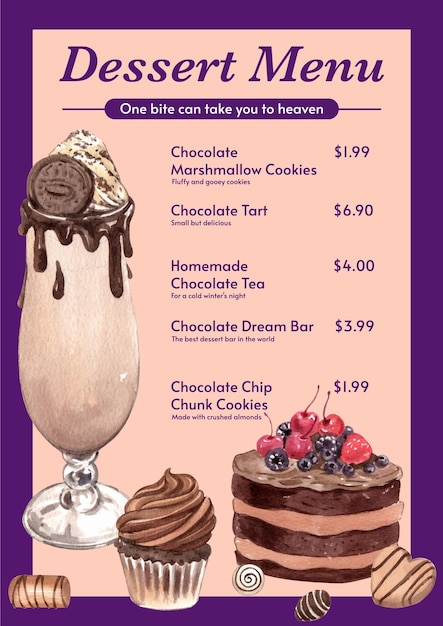 Vecteur modèle de menu avec concept de dessert au chocolatstyle aquarelle