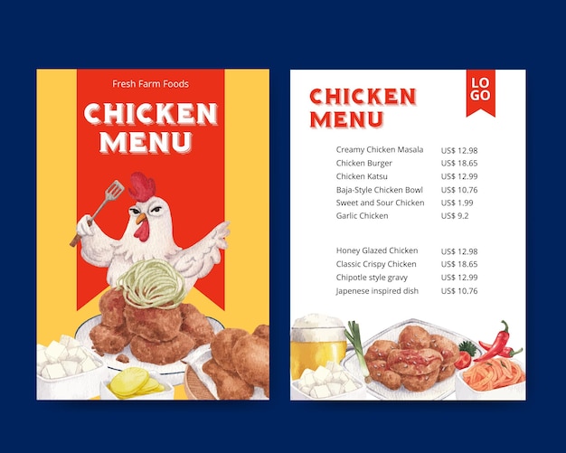 Vecteur modèle de menu avec concept de nourriture de ferme de pouletstyle aquarelle