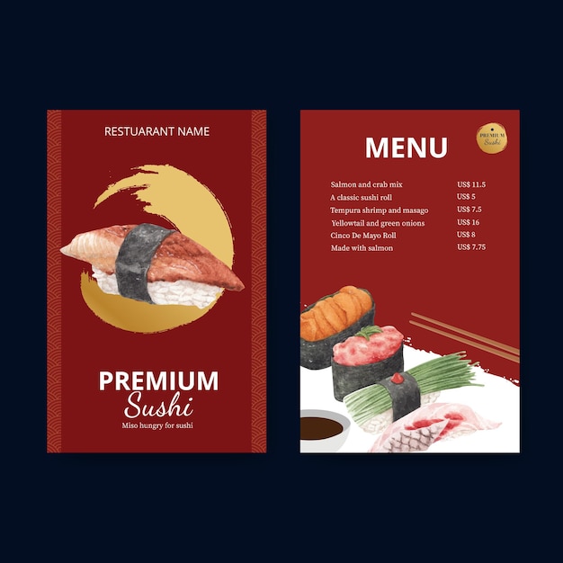 Modèle De Menu Avec Concept De Sushi Premium, Style Aquarelle