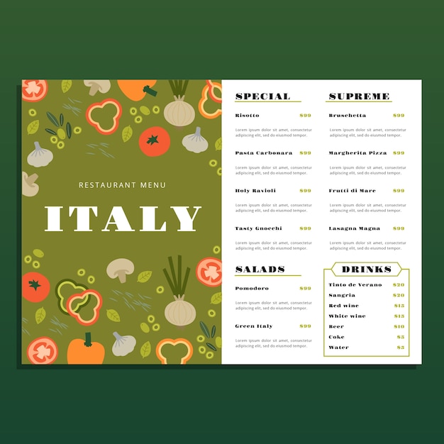 Vecteur modèle de menu de cuisine italienne