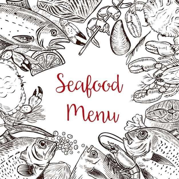 Modèle De Menu De Fruits De Mer Frais. Poisson, Crabe, Crevette, Homard, épices. Illustration