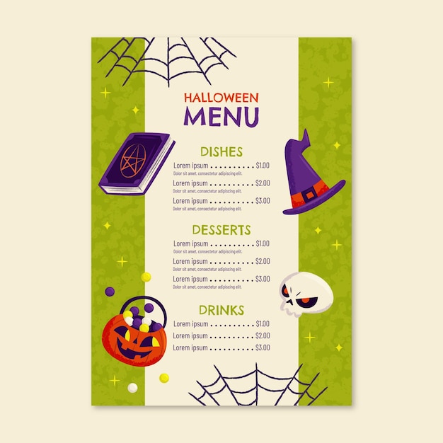Modèle de menu halloween dessiné à la main