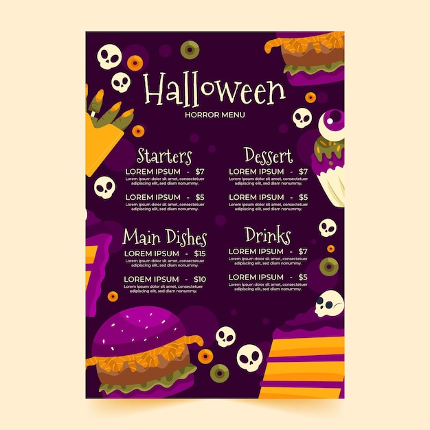 Modèle de menu halloween plat dessiné à la main