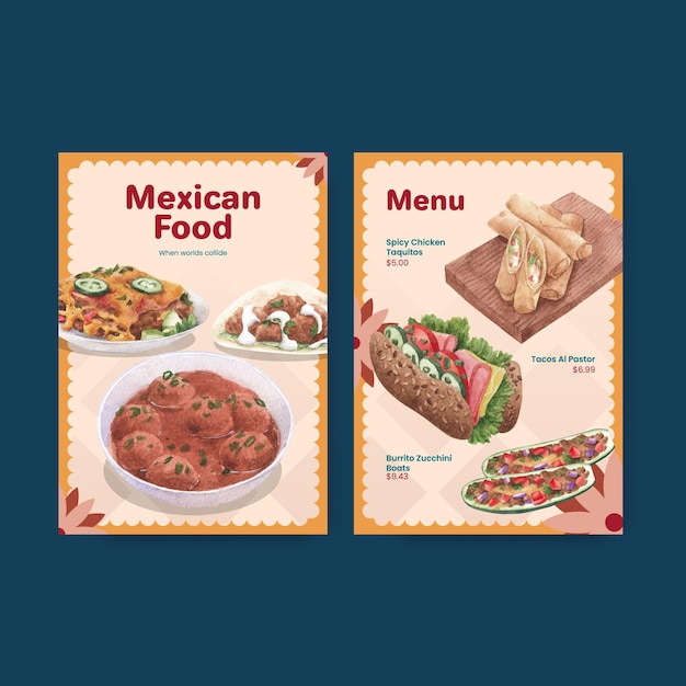 Modèle De Menu Avec Illustration Aquarelle De Cuisine Mexicaine Concept Design