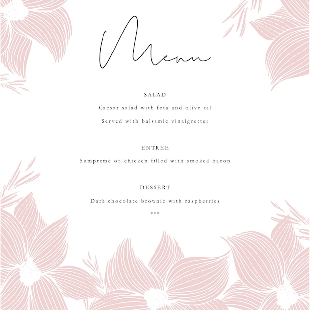 Modèle de menu d&#39;invitation avec des fleurs dessinées à la main