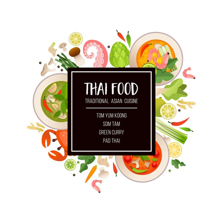 Modèle de menu lumineux de la cuisine asiatique traditionnelle. Fruits de mer, légumes et herbes, thaï traditionnel