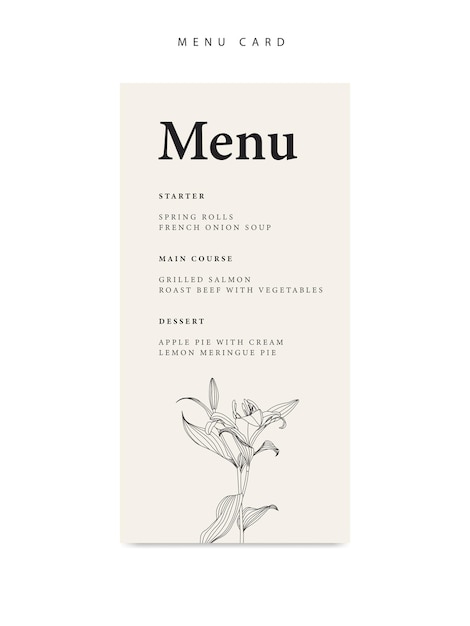 Vecteur modèle de menu de mariage minimaliste avec fleur de lys
