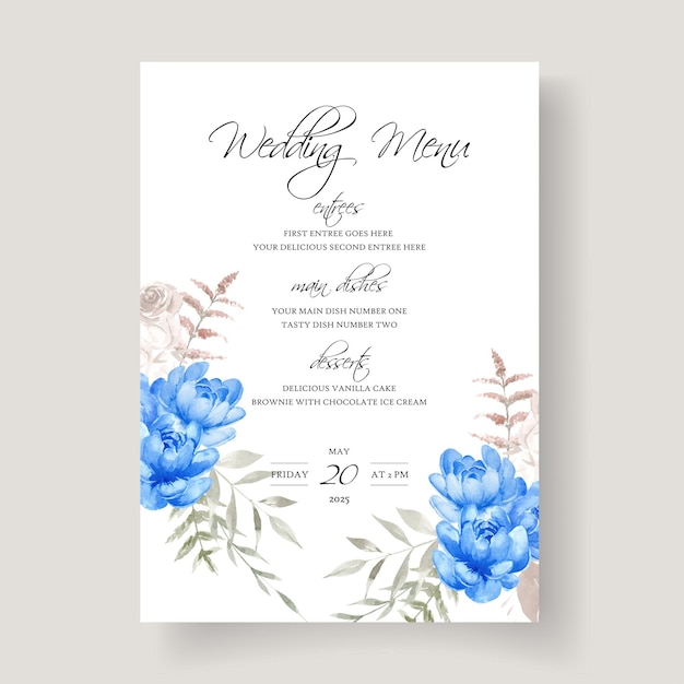 Vecteur modèle de menu de mariage avec une peonnie bleue aquarelle