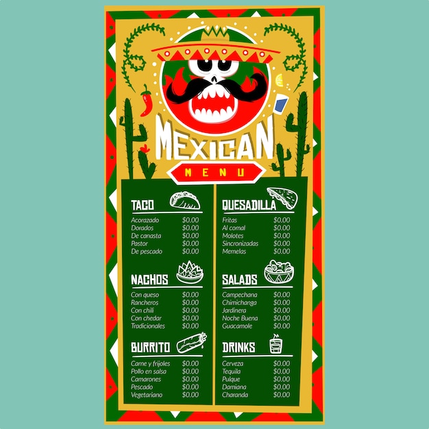 Modèle De Menu Mexicain Pour Restaurant Et Café. Modèle De Conception Avec Des Illustrations Graphiques De Nourriture Dessinés à La Main