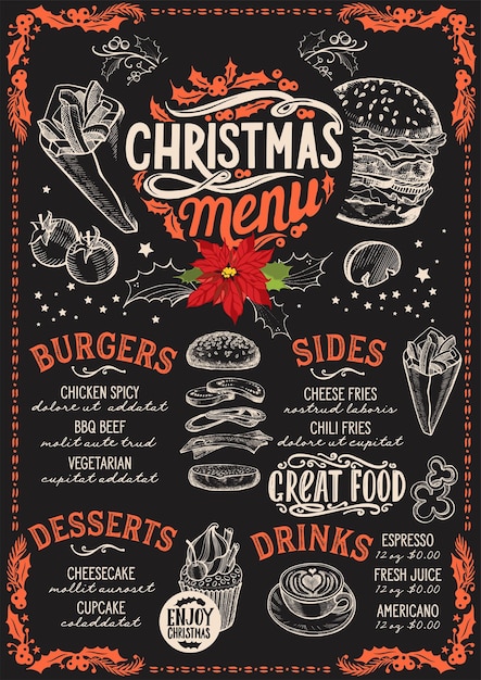 Vecteur modèle de menu de noël pour le brunch sur un tableau noir