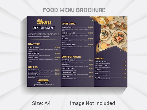Vecteur modèle de menu de nourriture de brochure à trois volets de taille a4 de restaurant, mise en page d'affiche de nourriture.