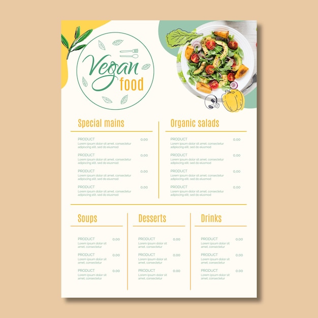 Modèle de menu de nourriture végétalienne